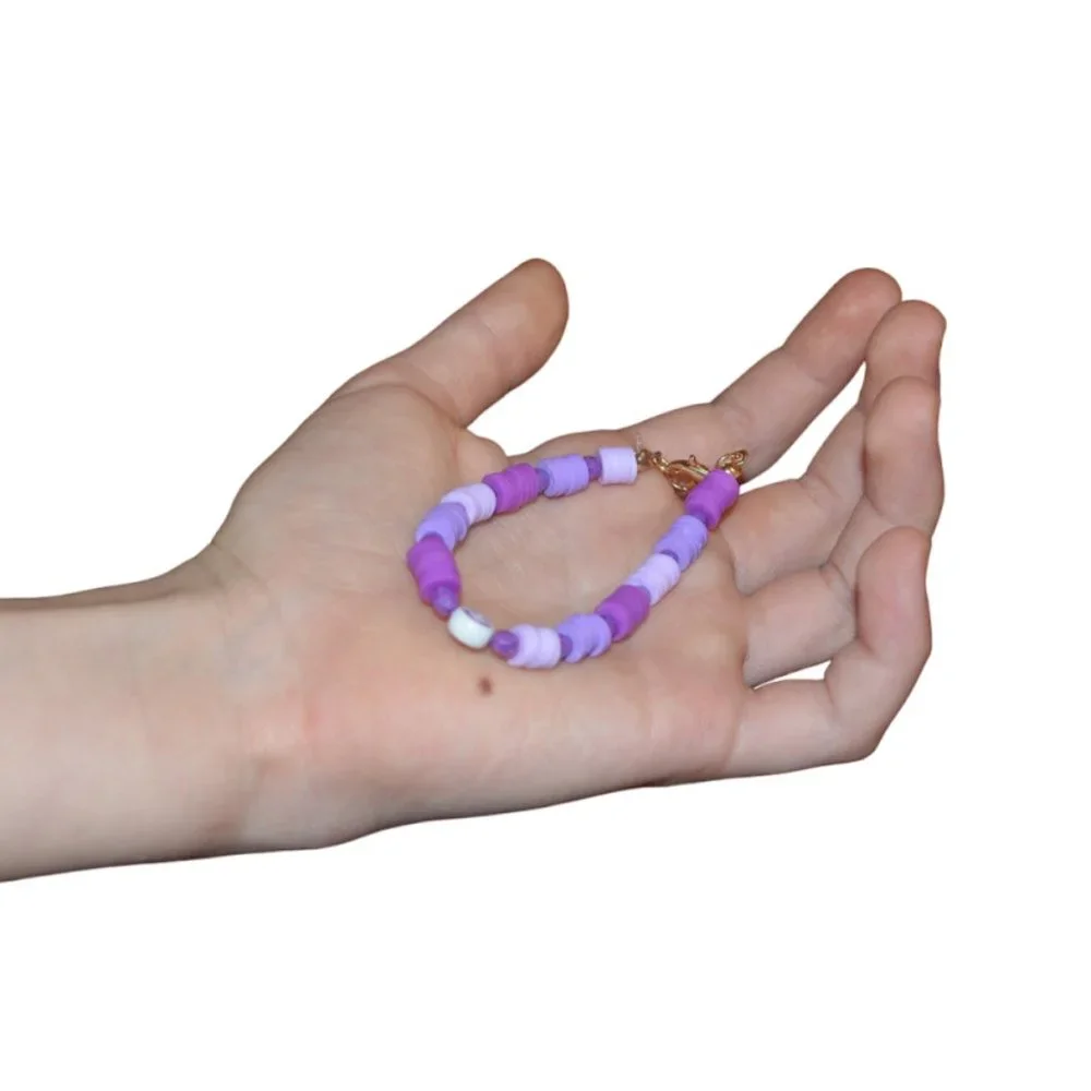Handmade Clay Beads Elastic Kids Bracelet Purple Smile Image 2.5 length/half